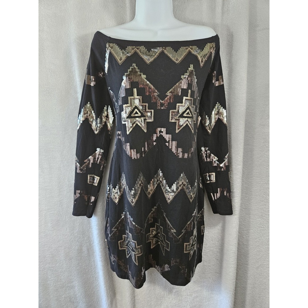 Express Womens Black Silver Gold Sequin Dress Large Cocktail Party Holiday EUC